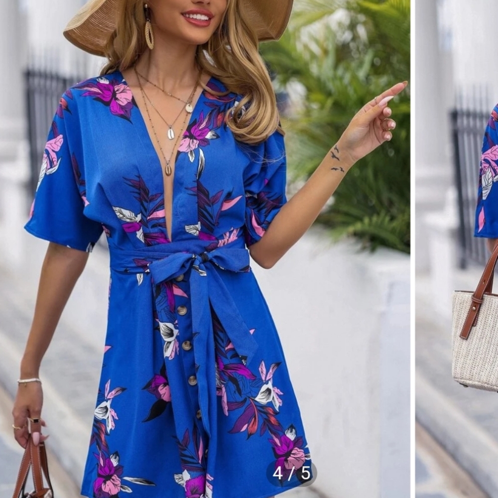 Shein Plunging deep v waist tie open back blue floral dress small medium